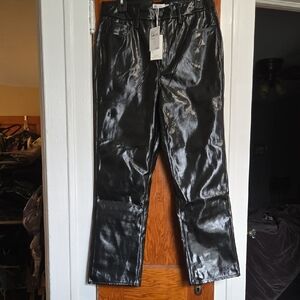 Good American Black Faux Shiny Leather Straight Leg Pants